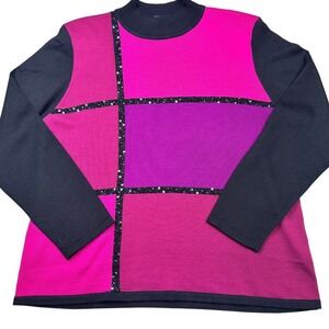 Dunner Stunner Color block Sequin Mock Neck Sweater‎ XL Wool Blend Magenta Black